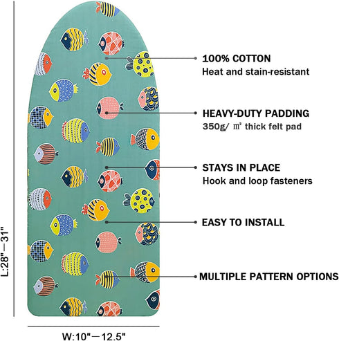 12.5" x 30" Small Tabletop Ironing Board Cover and Pad,3 Pairs of Hook and Loop Fastener Straps,Elastic Edges,Cotton Mini Iron Board Cover with Sc...
