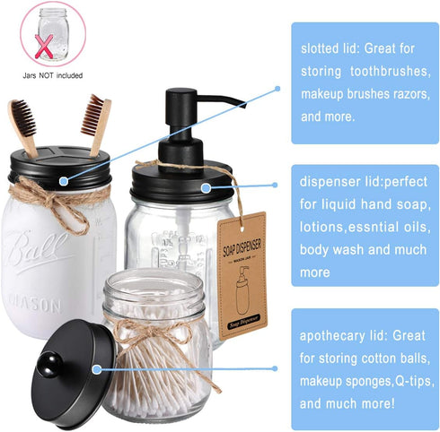 Mason Jar Bathroom Accessories Lids Set(4pcs) - Jars Not Included - Soap Dispenser,Toothbrush Holder, Apothecary Jars Lids for Regular Mouth Mason...