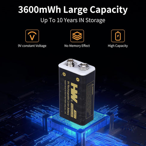 HW 9V Rechargeable Lithium Batteires, 1 Pack USB Type-c 9 Volt Rechargeable batteries, 1.5 H Fast Charge 1000 cycles with Long Last for Smoke Dete...