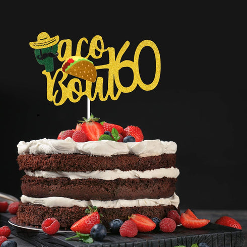 Taco Bout 60 Birthday Cake Topper - Fiesta 60th Birthday Party Glitter Taco Cactus Cake Supplies - Fabulous Sixty - Mexican Summer Fiesta Party De...