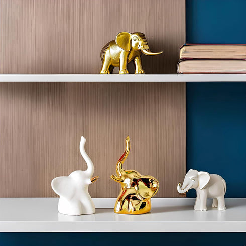 Home Decor Elephant Statues,1 Pair, Small Decorative Accents for Shelves, Livingroom and Bedroom, Gold and White...