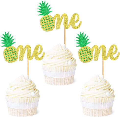 Ercadio 24 Pack Pineapple One Cupcake Toppers Glitter Pineapple 1st Birthday Cupcake Picks Hawaii Luau Tropical Cupcake Decors Summer Theme Baby S...