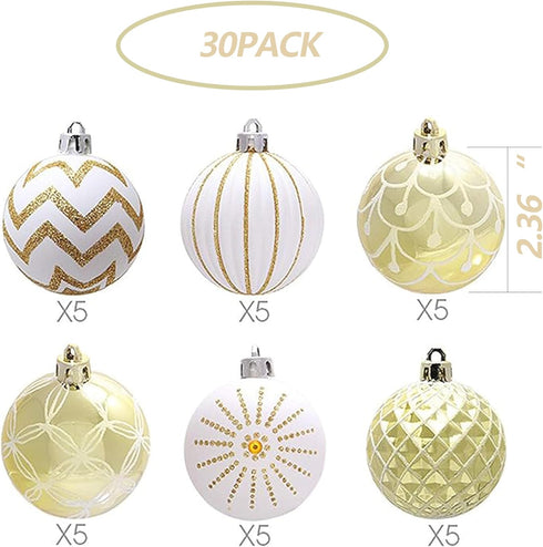 30PCS Christmas Balls Ornaments,60MM Gold&White Painted Shatterproof Festive Wedding Hanging Ornaments Christmas Tree Decoration...