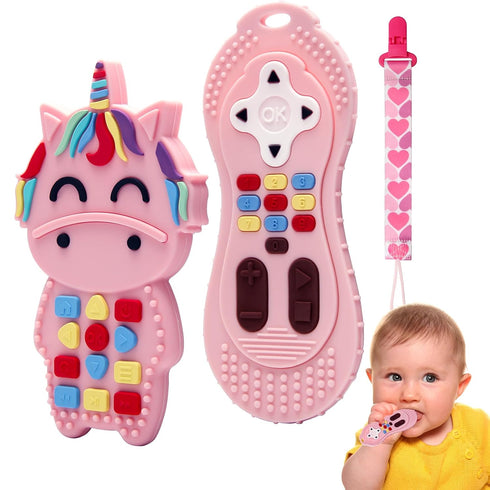 Baby Teething Toys, Food Grade Silicone Teether for Babies 3 6 12 18 Months, 3-Pack TV Remote Shape Toddlers Chew Toys (Pink)...