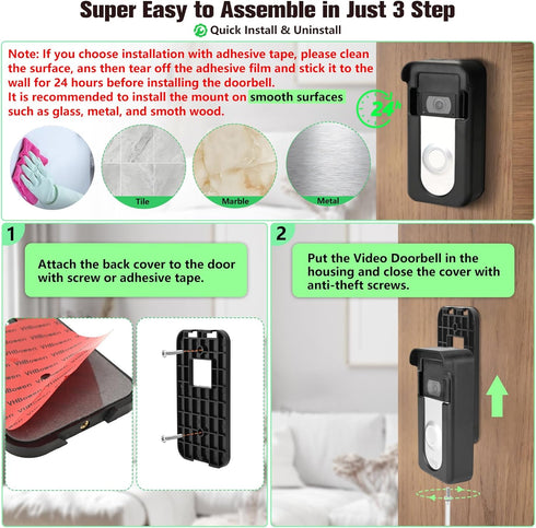 Upgrade Adhesive Doorbell Mount Compatible with Video Doorbell 1/2/3/3 Plus/4/(2020 Release)/(2023 Release), No-Drill Door Mount Cover Holder Acce...