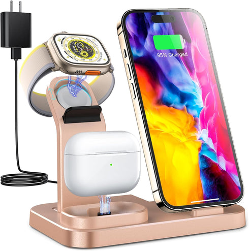 3 in 1 Wireless Charging Station for Apple Devices, Charging Dock for iWatch 9 8 7 6 SE 5 4 3 2 1, Built-in Charger Stand for iPhone Series AirPod...