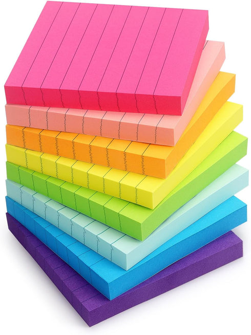 8 Pads Lined Sticky Notes 3x3 Sticky Notes with Lines Self-Stick Note Pads 8 Bright Multi Colors, 85 Sheets/Pad...