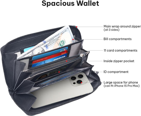 VALENCHI Leather Wallet For Women RFID Blocking Slim Minimalist Ladies Long Clutch Purse Organizer Credit Card Holder Slots with Zipper Pocket (Bl...