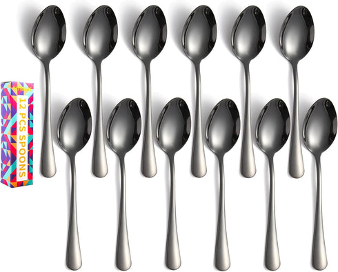 Dinner Spoon Set of 12 Pieces, 6.8 inch Black Soup Spoons, Stainless Steel Flatware, Mirror Polished Home Kitchen and Restaurant Cutlery Utensils...