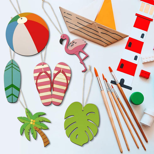 Simgoing 36 Pcs Unfinished Wood Summer Cutouts Hawaiian Wood DIY Paint Crafts Tropical Beach Ball Palm Tree Flip Flop Shaped Hanging Ornaments wit...