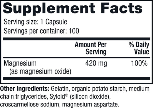 Twinlab Magnesium Caps - High Absorption Magnesium Supplement to Support Leg Cramps Relief - Magnesium Capsules for Stress Relief, 420 mg, 100 Cou...