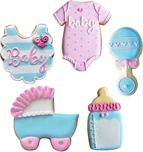 Baby Shower Cookie Cutters 5-Pc. Set Made in the USA by Ann Clark, Onesie, Bib, Rattle, Baby Bottle, Baby Carriage...