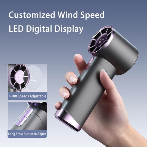 Portable Handheld Fan, 1-100 Speeds Adjustable Turbo Mini Fan with LED Display, Rechargeable Ice Cooling Personal Fan, Metal Shell with lanyard, G...