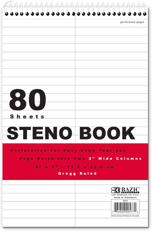 BAZIC Perforated Writing Pad Writing Pad, 80 Sheets 6"x9" White Gregg Ruled Steno Book, Lined Writing Pads for Office School, 1-Pack...