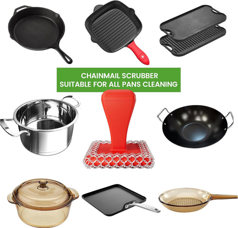 Cast Iron Scrubber & Scraper Kit - 316 Stainless Steel Cast Iron Cleaner - Chainmail Scrubber for Cast Iron Pans Skillets Sink Dish Scrub Chain Li...