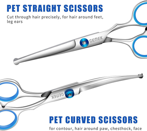 GEMEK Professional Grooming Scissors for Dogs with Safety Round Tips, Dog Grooming Scissors Set - Thinning, Straight, Curved Shears and Comb for L...