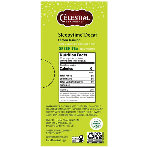 Celestial Seasonings Sleepytime Decaf Lemon Jasmine Green Tea Bags 20 Tea Bags...