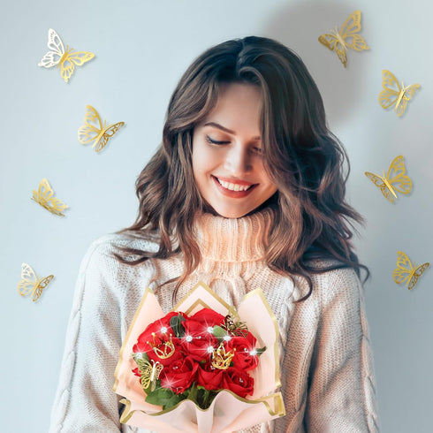 141 Pcs Flower Bouquet Accessories, Diamond Head Straight Pins Mini Crown Cake Toppers Flower Wrapping Paper Butterfly Wall Decor Ribbon for Birth...