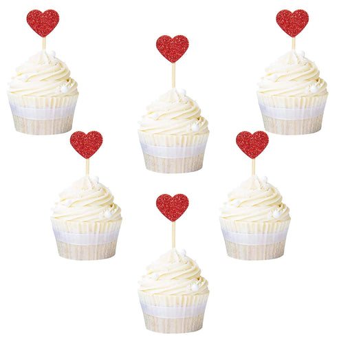 Ercadio Glitter Heart Cupcake Toppers Picks for Sweet Love Theme Wedding Engagement Bridal Shower Party Cake Decors 40 Pack Red...