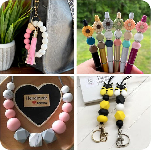 Cheriswelry Silicone Focal Beads Kits with 50pcs 15mm Round Silicone Beads for Pen & 5pcs Daisy Silicone Beads for Keychain Making & 4pcs Bees Sil...