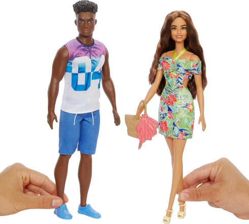 Barbie & Ken Fashions 2-Pack Clothing & Accessories Set, 1 Tropical Dress & Tote for Barbie Doll & 1 Tropical Shirt & Shorts Outfit with Shoes for...