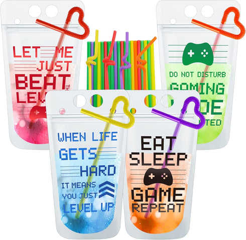 Video Game Party Favors Drink Pouch Cups with Straws Plastic Drink Pouches Clear Zipper Bags Reusable Drink Pouches for Birthday Party Decor Gamer...