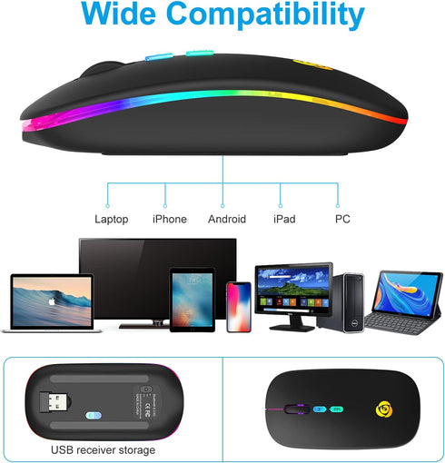 CC Store LED Wireless Bluetooth Mouse &2.4GHz Instant Connection,Rechargeable Ultra Silent Slim,3 Adjustable DPI 2 Connection Modes with USB-C to ...
