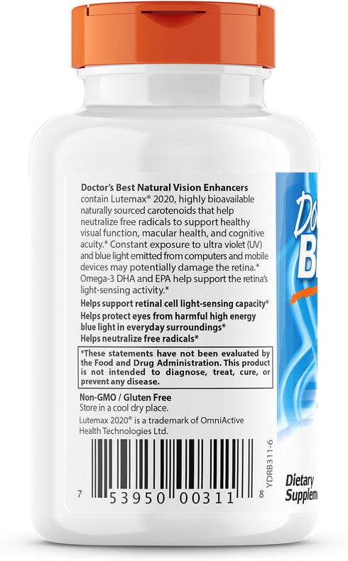 Doctor's BEST Natural Vision Enhancers contain Lutemax 2020, Supports Eye Health, Sharper Vision, Helps Filter Out Blue-Light, 60 Softgels...