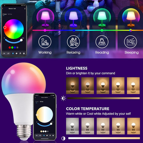 Smart Light Bulbs,WiFi & Bluetooth LED Light Bulb That Compatible with Alexa & Google Home, Color Changing Light Bulb, 10W A19 E26 2.4Ghz WiFi Lig...