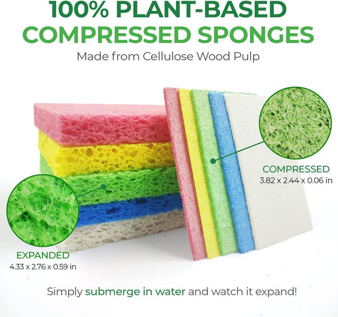 Biodegradable Cellulose Compressed Sponges - Pack of 32 Kitchen Sponges for Cleaning - Heavy Duty and Natural Multipurpose Household Cleaning Spon...