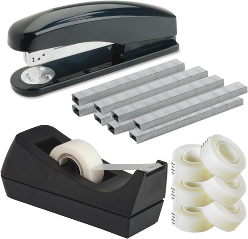 Desktop Stapler Black, with 5000 Staples - with Desktop Tape Dispenser Black Non-Skid Base with 6 Premium Rolls Invisible Tape - for Home, Office,...