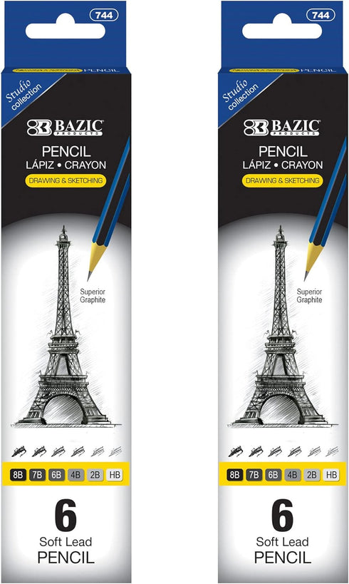 BAZIC Drawing Sketching Pencil Set, HB 2B 4B 6B 7B 8B, Professional Graphite Sketch Kit Pencils, for Artists Adults Beginners (6/Pack), 2-Packs...