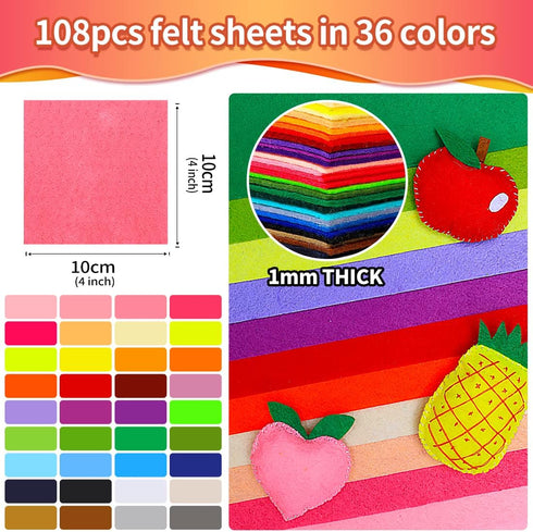 IOOLEEM Felt Sheets, 108pcs 4"x4" (10 cm x 10 cm), 36 Colors, Pre-cut Felt Sheet for Crafts, Craft Felt Fabric Sheets, Sewing Felt Squares for Pat...