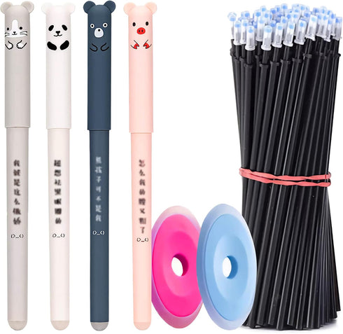 Erasable Gel Pens, 0.5mm Erasable Ballpoint Pen 4 Pack Cartoon Animal Rollerball Gel Pens with 20 Refills and 2 Erasers for Adult Writing Kids Cal...