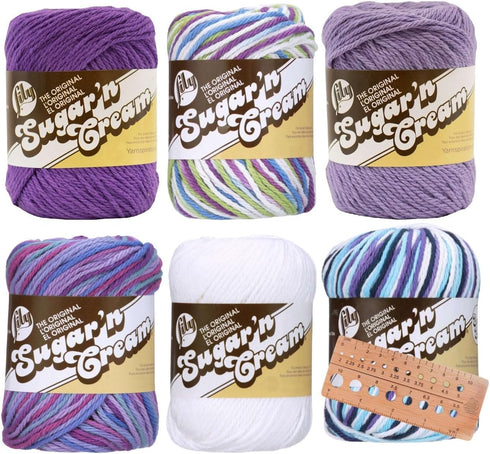 Variety Assortment Lily Sugar 'n Cream Yarn Bundle 100% Cotton Worsted #4 Weight Solids & Ombres with Needle Gauge (Mix 236)......