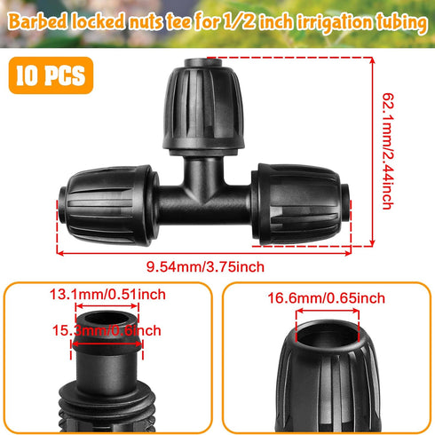 Drip Irrigation Fittings for 1/2 Inch Drip Tubing (1/2" ID x 0.65" OD)?1/2'' Drip Line Tees Anti-drop Locked Nut Barbed Tee Connectors Garden Irri...