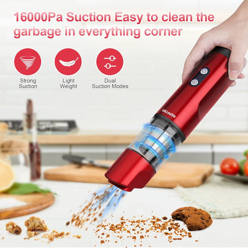 Cordless Handheld Vacuum Cleaner - 16000Pa Powerful Suction for Car, Room, and Pet Hair - USB Charging, Lightweight and Portable - red...