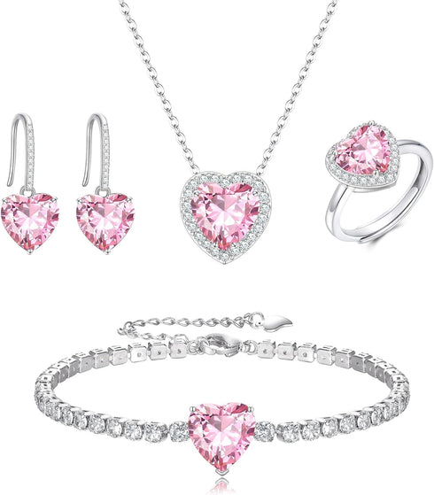 Crysdue Heart Prom Jewelry Set for Women, Silver Pink Cubic Zirconia Pendant Necklace Dangle Earrings Tennis Bracelet Open Ring for Party, Birthda...