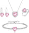 Crysdue Heart Prom Jewelry Set for Women, Silver Pink Cubic Zirconia Pendant Necklace Dangle Earrings Tennis Bracelet Open Ring for Party, Birthda...