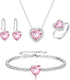Crysdue Heart Prom Jewelry Set for Women, Silver Pink Cubic Zirconia Pendant Necklace Dangle Earrings Tennis Bracelet Open Ring for Party, Birthda...
