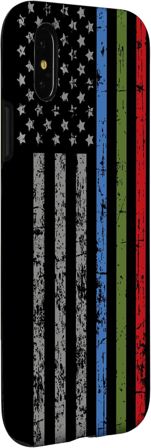 iPhone X/XS Police Military and Fire Thin Blue Green Red Line Flag Case...