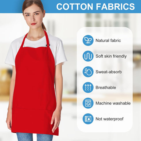2 Pack 3 Pockets 100% Cotton Adjustable Bib Apron Chef Kitchen Cooking Aprons for Women Men, Red...