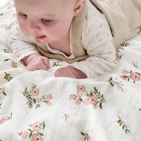Muslin Baby Blankets for Girls Super Soft Nursery Minky Blankets with Breathable Muslin Cotton Front and 3D Touch Dotted Fleece Backing, Pink Flor...