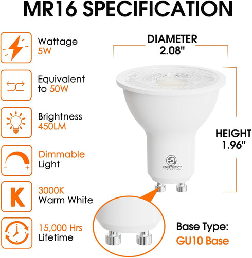 Energetic MR16 GU10 Bi-Pin Base LED Light Bulb, Dimmable 3000K Warm White 50W Halogen Replacement, 5W 120V 450LM CRI 80+, 40 Degree Beam Angle for...