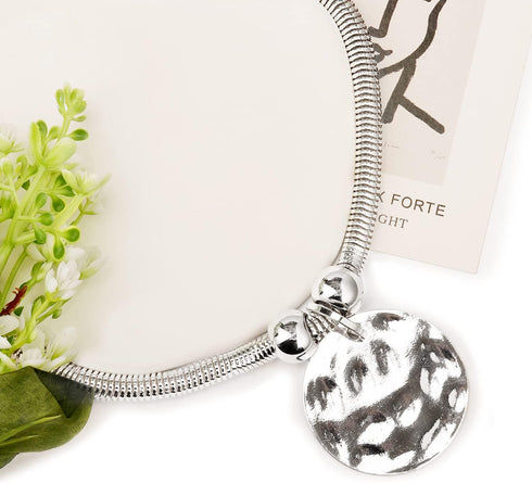 Silver Hammered Metal Statement Necklace Set with Lobster Clasp Closure, Disc Coin Necklace Circle Necklace Chunky Necklaces for Women 2022 Summer...