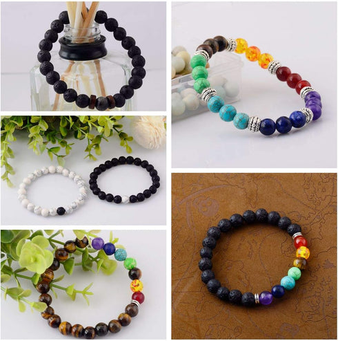 Black Lava Stone 7 Chakra Bracelets, 8mm Yinyang Rock Bead Elastic Natural Gemstones Oil Diffuser Yoga Menditation Beads Bracelets for Men Women G...