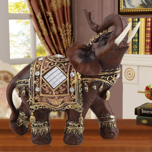 Feng Shui Wood Grain Elegant Elephant Statue 5.5 (H) Thai Elephant with Trunk Facing Upwards Collectible Figurine Sculpture Decoration Statue Weal...