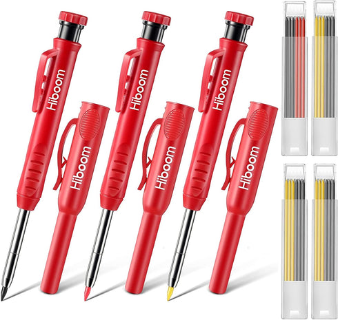 Hiboom 3 Pack Carpenter Pencils Set with 24 Refills, 2.8 mm Carpenters Mechanical Pencil Built in Sharpener Woodworking Marking Tool Solid Long No...