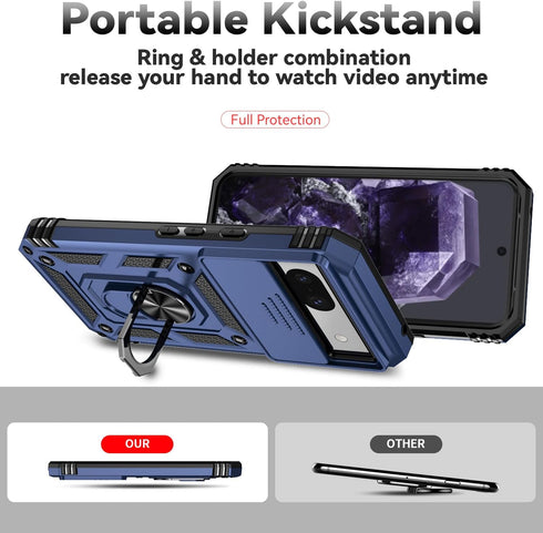 for Google Pixel 8A Case with Camera Lens Cover HD Screen Protector, Dual Layer Military-Grade Drop Tested Magnetic Ring Holder Kickstand Protecti...