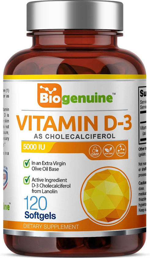 Vitamin D-3 5000 IU 120 Softgels - High-Potency in Extra Virgin Olive Oil Non-GMO Soy-Free - Supports Strong Bones Immune Health and K2...